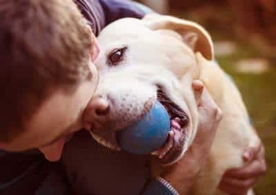 Um homem abraça um labrador creme com uma bola azul na boca.
