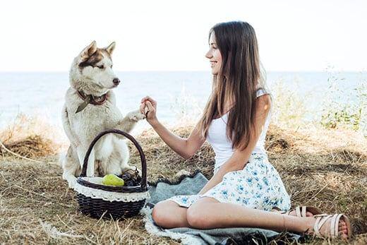 Jovem mulher a segurar num Husky vermelho siberiano