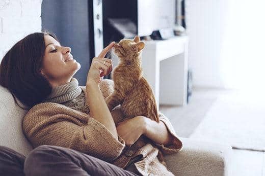 Mulher sentada numa cadeira a segurar um gato laranja malhado e a tocar-lhe suavemente no nariz