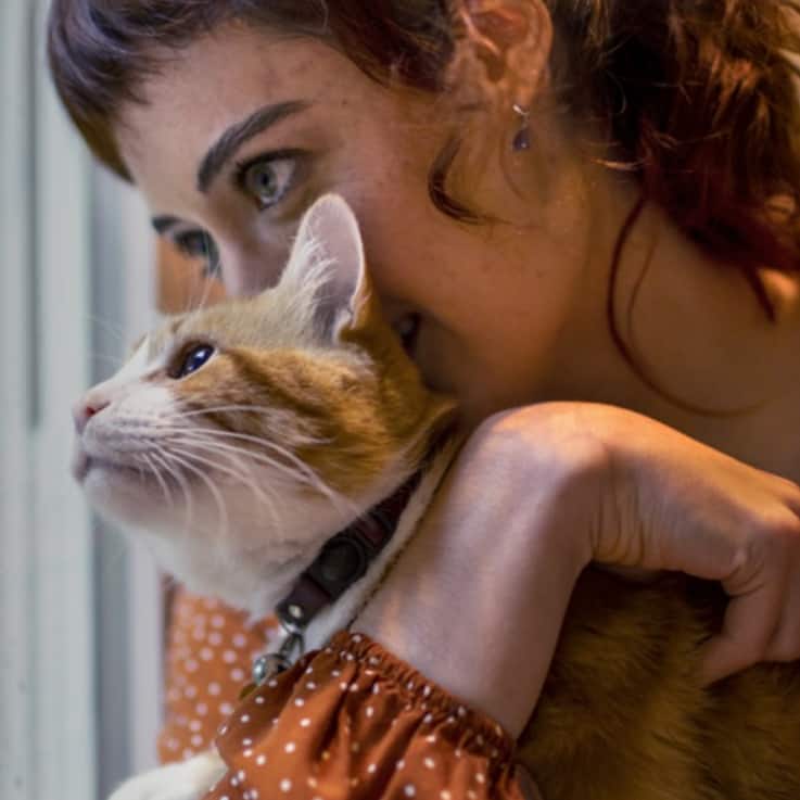 Senhora com camisola laranja a segurar ao colo um gato
